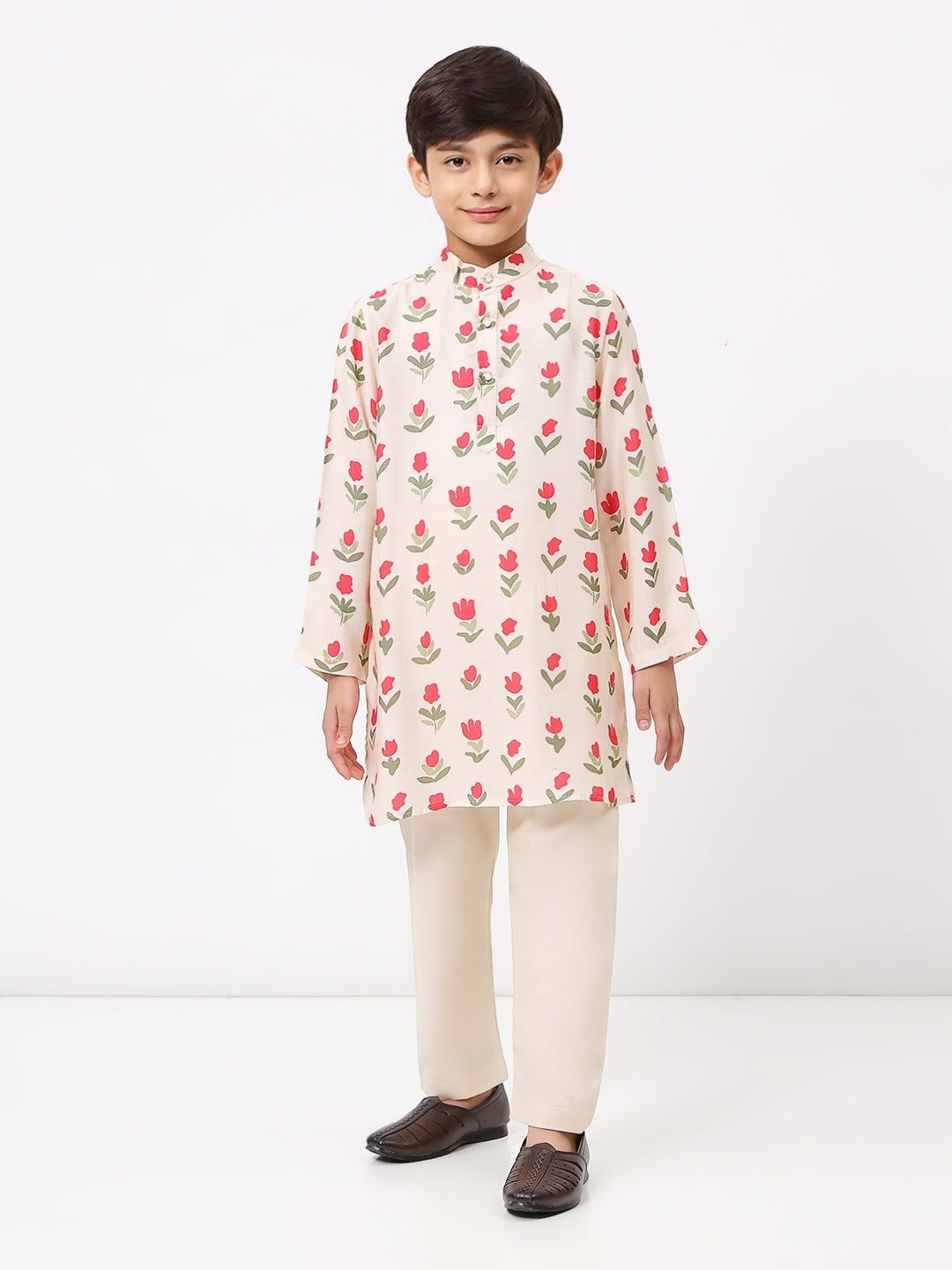 Boys Cotton Chanderi Cream Floral Printed Kurta Set
