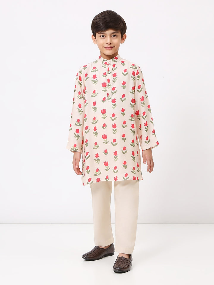 Boys Cotton Chanderi Cream Floral Printed Kurta Set