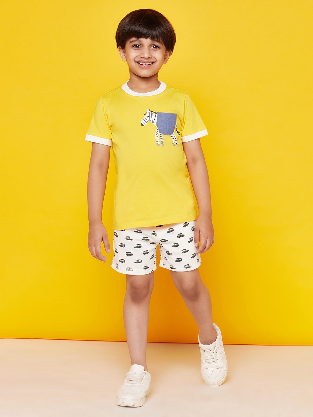 Kid Boy Yellow Round Neck and White Jungle Shorts Set