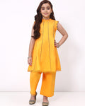 Girls Orange Ethnic Sleeveless Kurta with Palazzo Co-Ord Set
