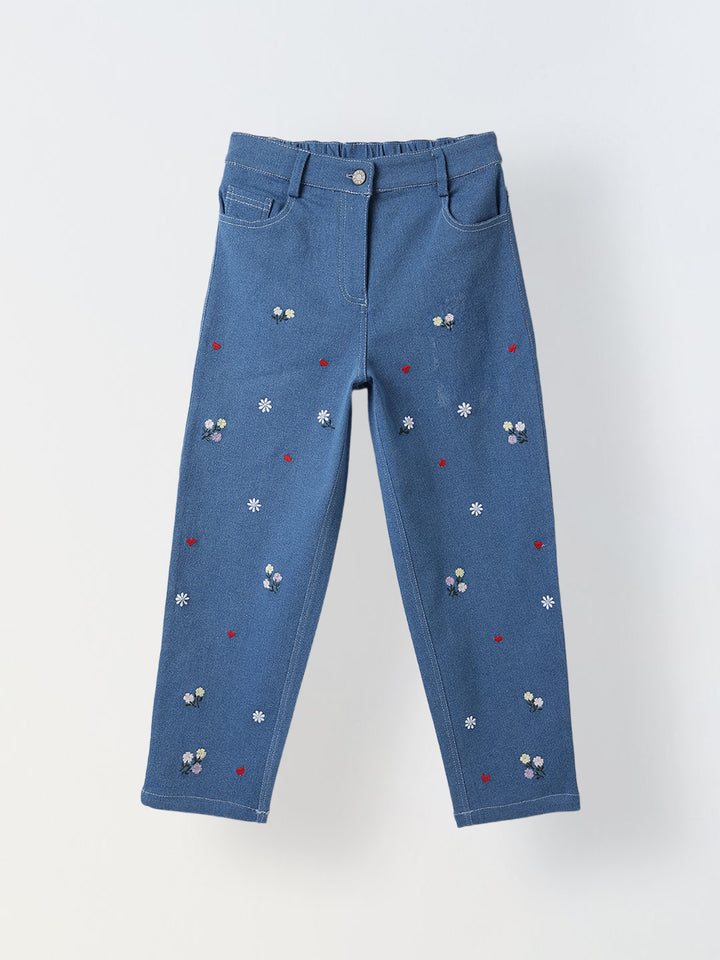 Spunkies Girls Blue Floral Embroidered Stretch Denim with Heart Detail
