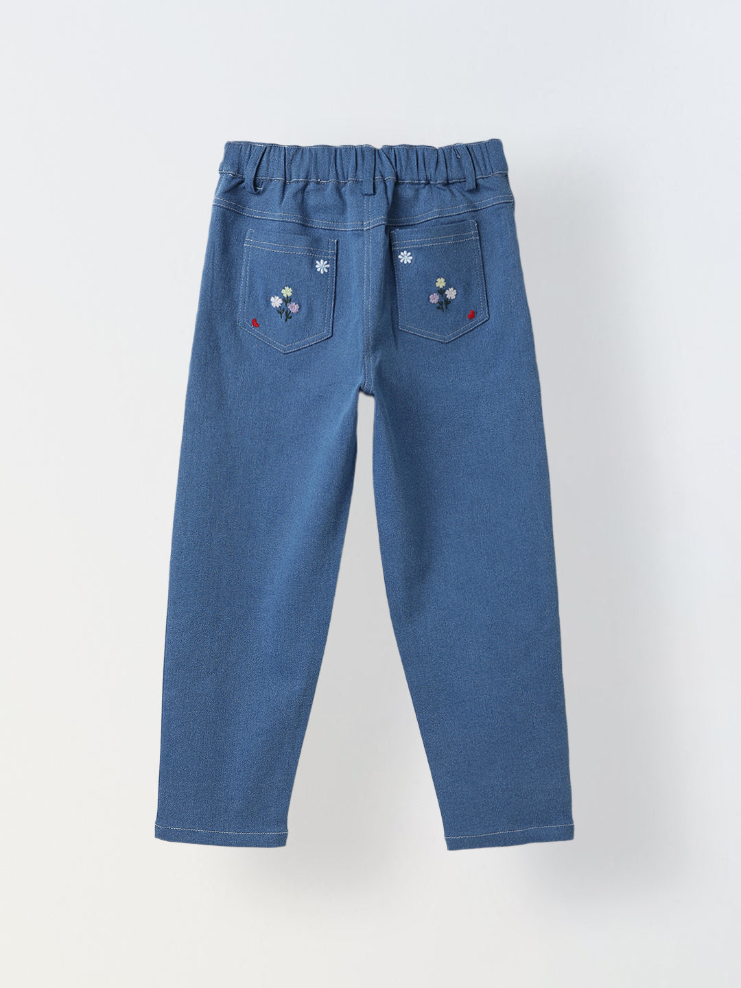 Spunkies Girls Blue Floral Embroidered Stretch Denim with Heart Detail