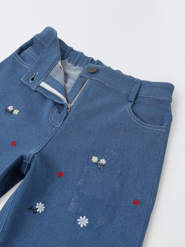 Spunkies Girls Blue Floral Embroidered Stretch Denim with Heart Detail