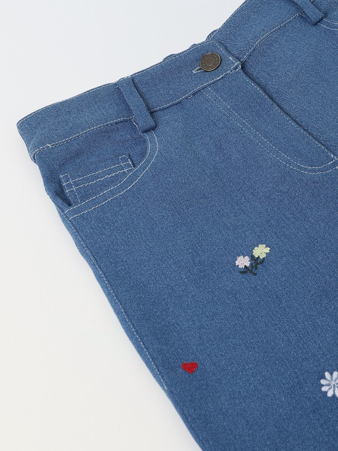 Spunkies Girls Blue Floral Embroidered Stretch Denim with Heart Detail
