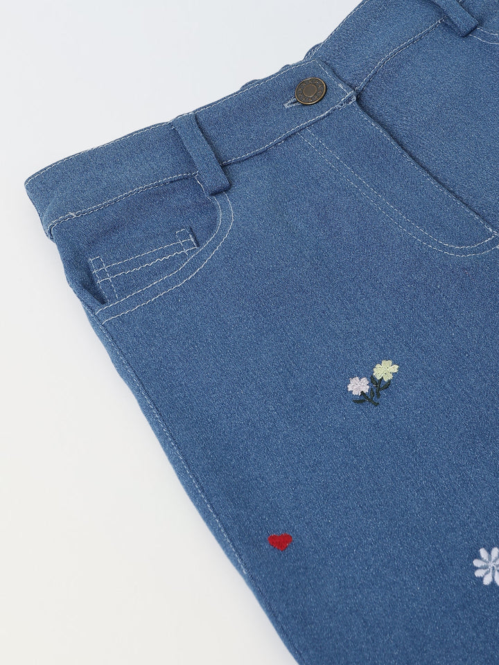 Spunkies Girls Blue Floral Embroidered Stretch Denim with Heart Detail
