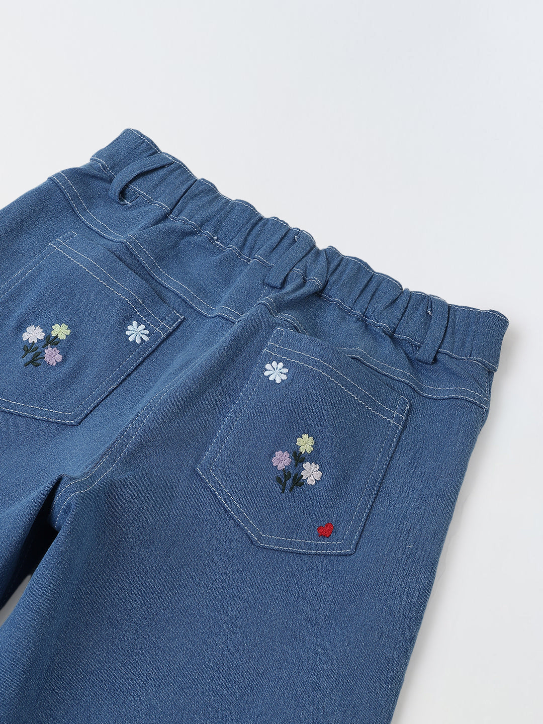 Spunkies Girls Blue Floral Embroidered Stretch Denim with Heart Detail