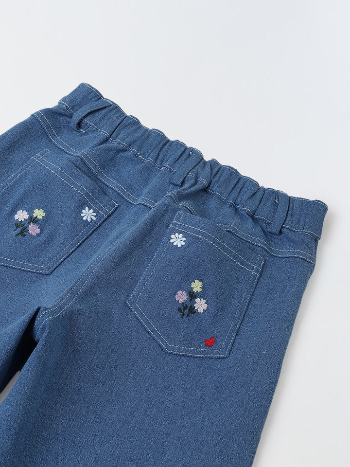 Spunkies Girls Blue Floral Embroidered Stretch Denim with Heart Detail