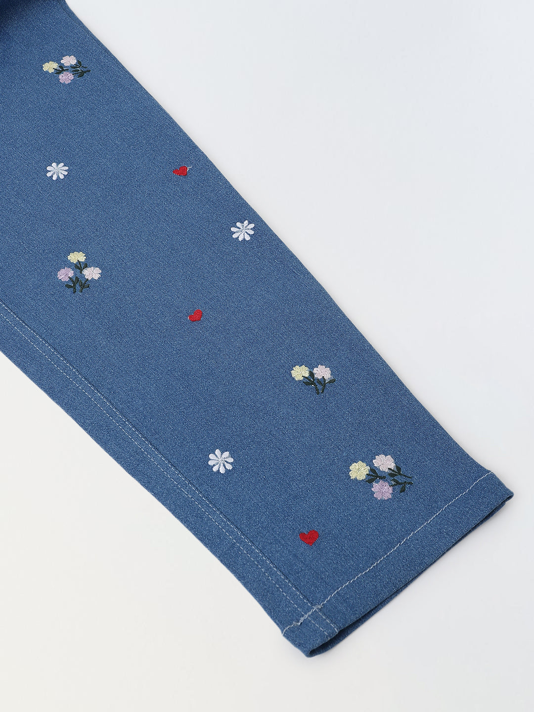 Spunkies Girls Blue Floral Embroidered Stretch Denim with Heart Detail