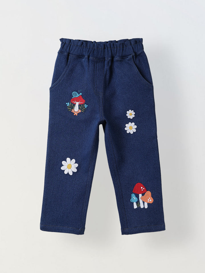 Spunkies Girls Navy Blue Embroidered Denim Pants with Daisy & Mushroom Detail