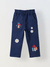 Spunkies Girls Navy Blue Embroidered Denim Pants with Daisy & Mushroom Detail