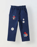 Spunkies Girls Navy Blue Embroidered Denim Pants with Daisy & Mushroom Detail