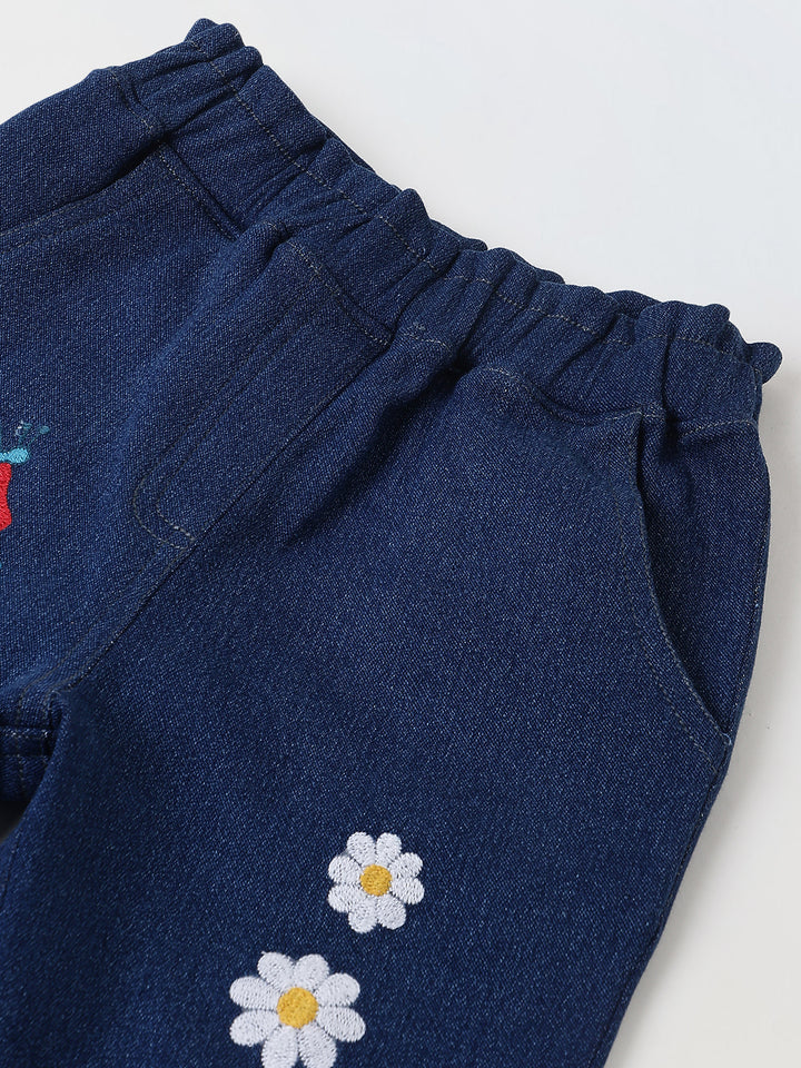Spunkies Girls Navy Blue Embroidered Denim Pants with Daisy & Mushroom Detail