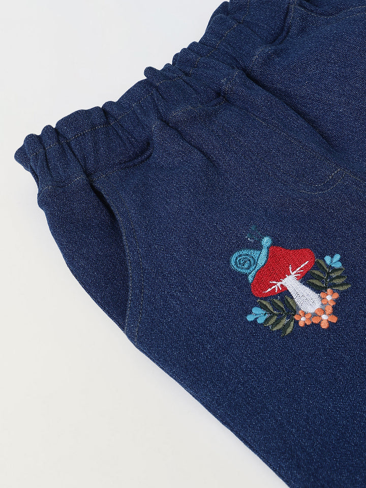 Spunkies Girls Navy Blue Embroidered Denim Pants with Daisy & Mushroom Detail