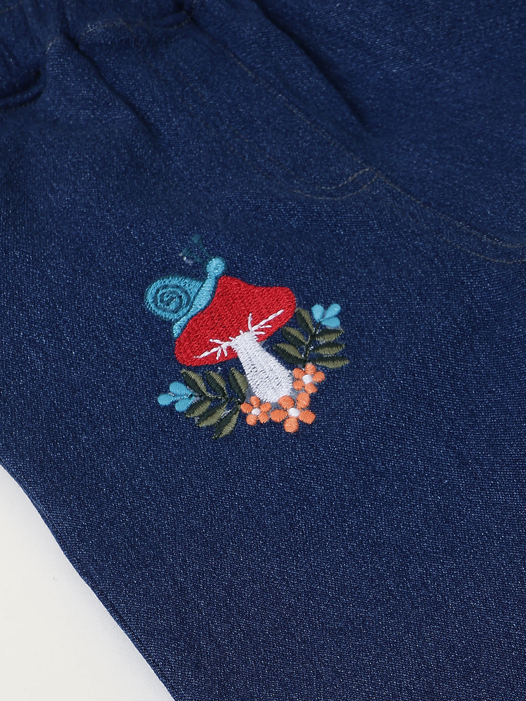 Spunkies Girls Navy Blue Embroidered Denim Pants with Daisy & Mushroom Detail