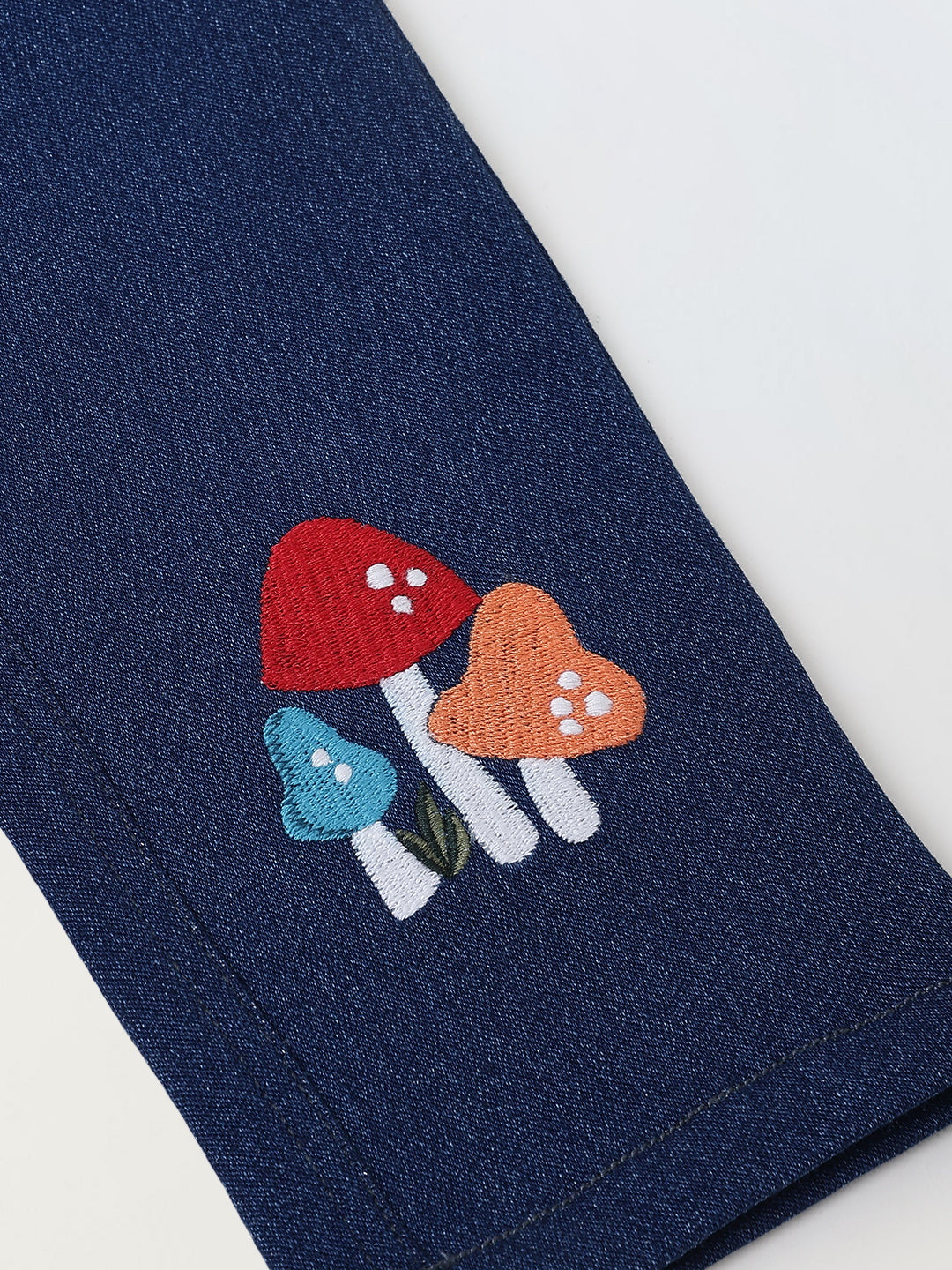 Spunkies Girls Navy Blue Embroidered Denim Pants with Daisy & Mushroom Detail
