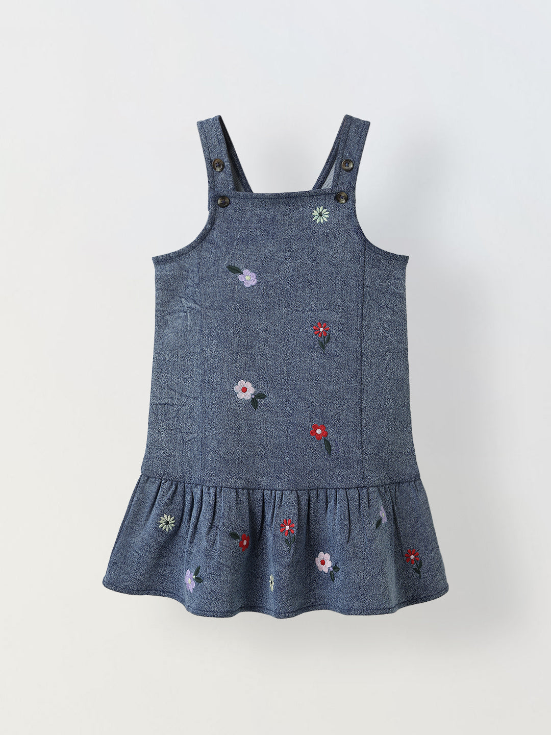 Spunkies Girls Embroidered Sleeveless Denim Dress with Frill Hem