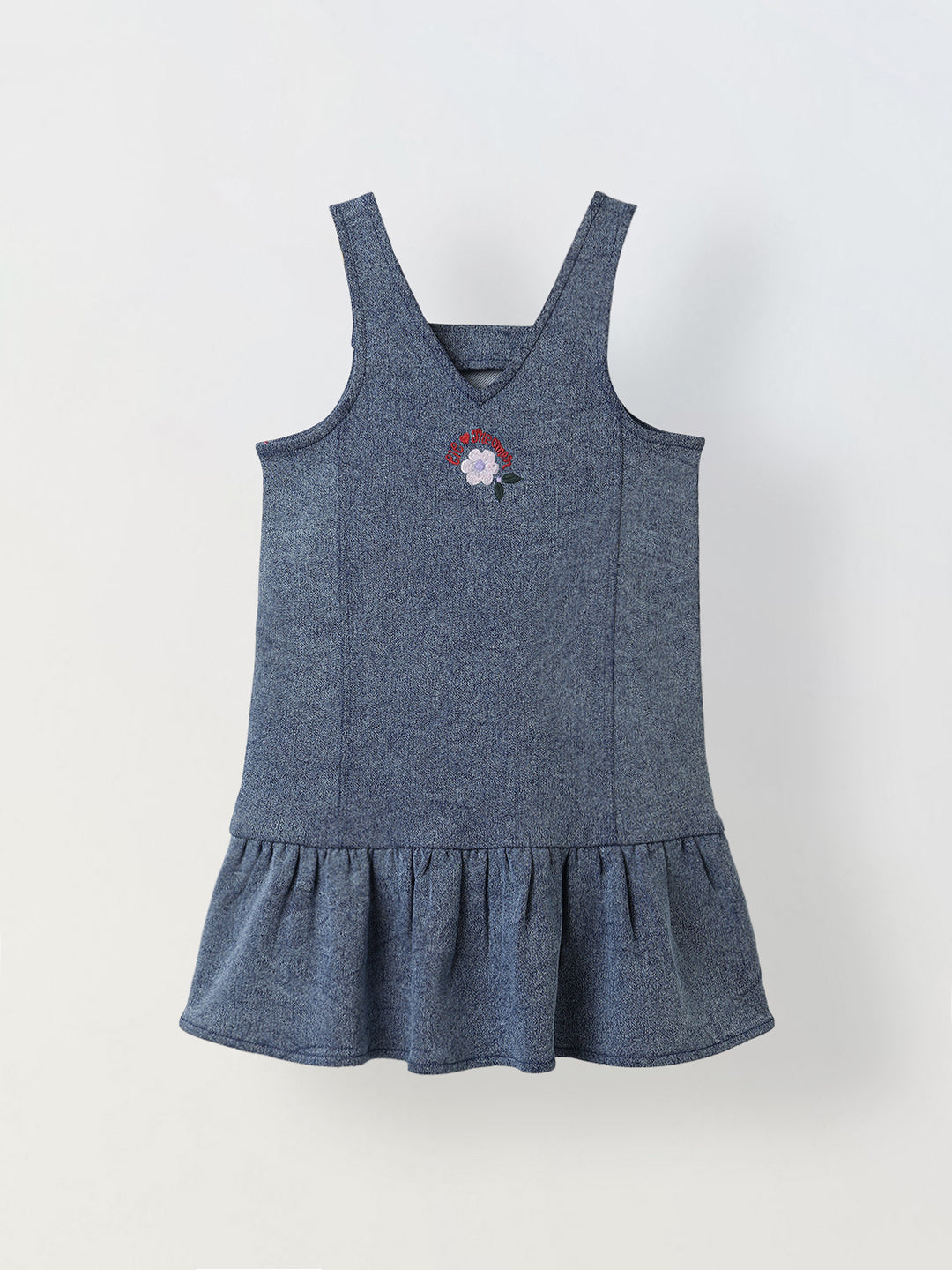 Spunkies Girls Embroidered Sleeveless Denim Dress with Frill Hem