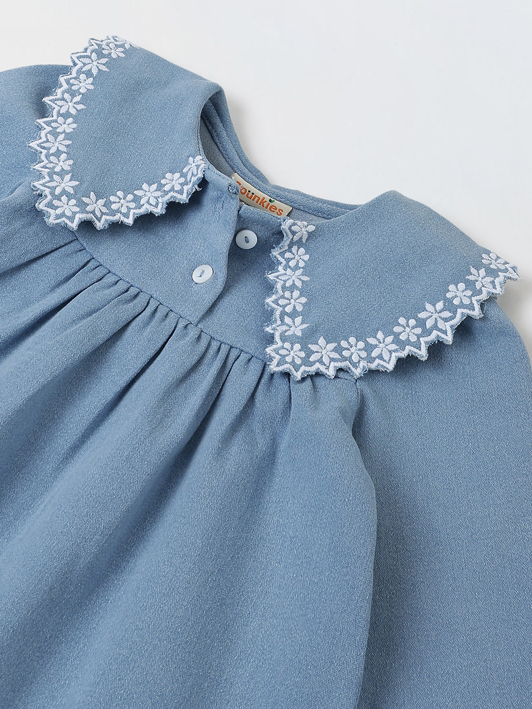 Spunkies Girls Blue Denim Embroidered Dress