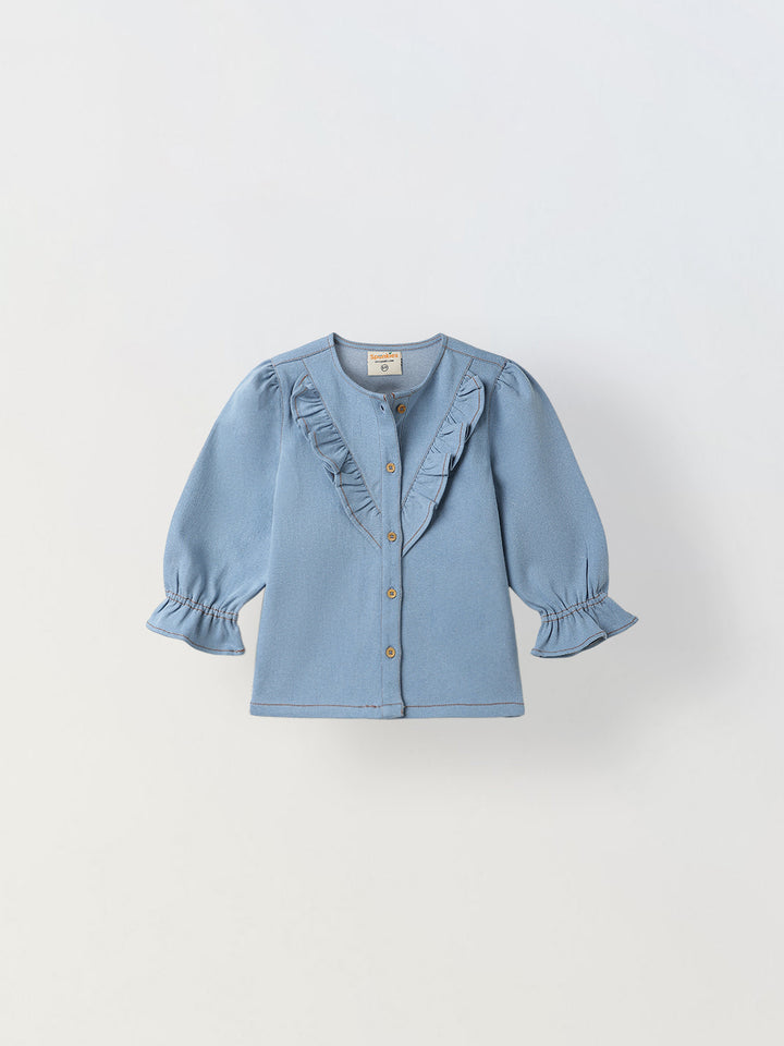 Spunkies Light Blue Girls Solid Round Neck Flutter Sleeves Top