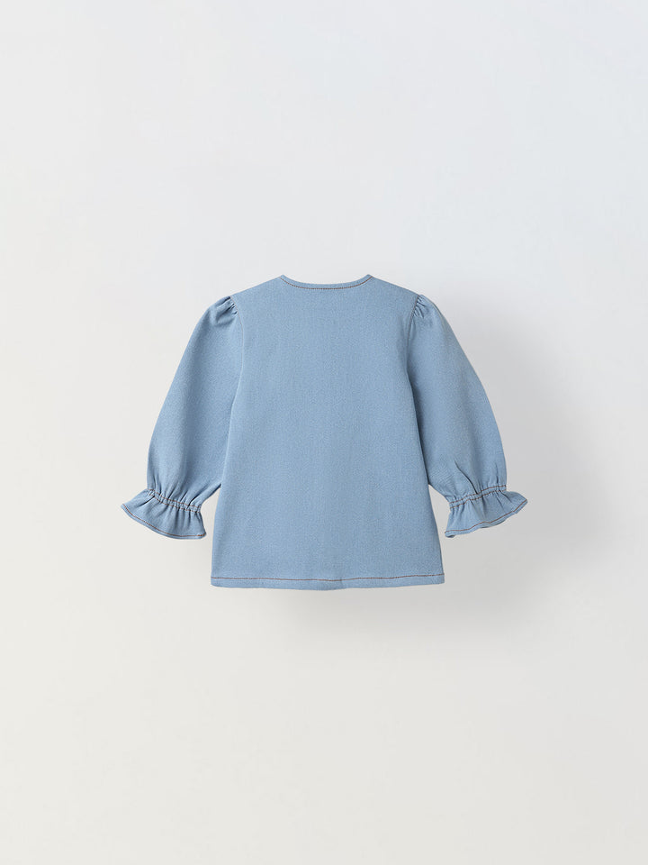 Spunkies Light Blue Girls Solid Round Neck Flutter Sleeves Top