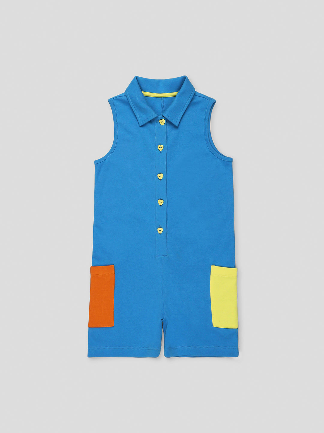 Classic Cotton Collared Color Block Romper For Girls