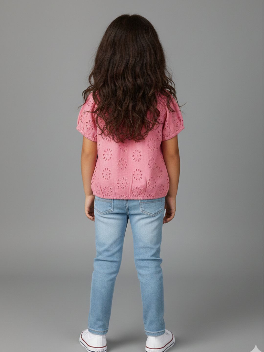 Girls Pink Round Neck Schiffli Top
