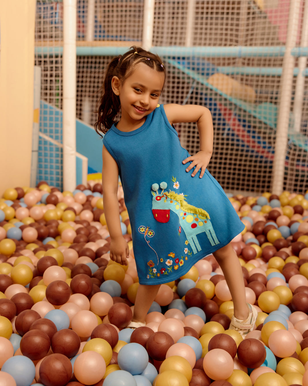 Girls' Blue Sleeveless Dress with Playful Giraffe Embroidery