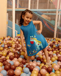 Girls' Blue Sleeveless Dress with Playful Giraffe Embroidery