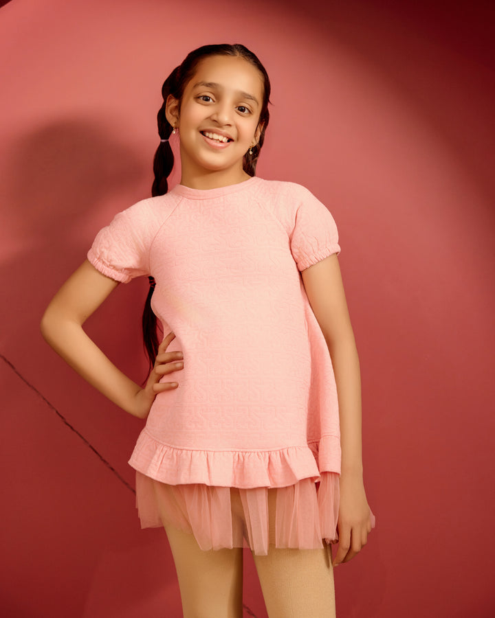 Pink Textured Dress with Ruffled Hem