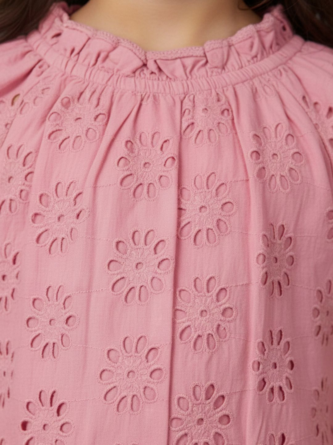 Girls Pink Round Neck Schiffli Top