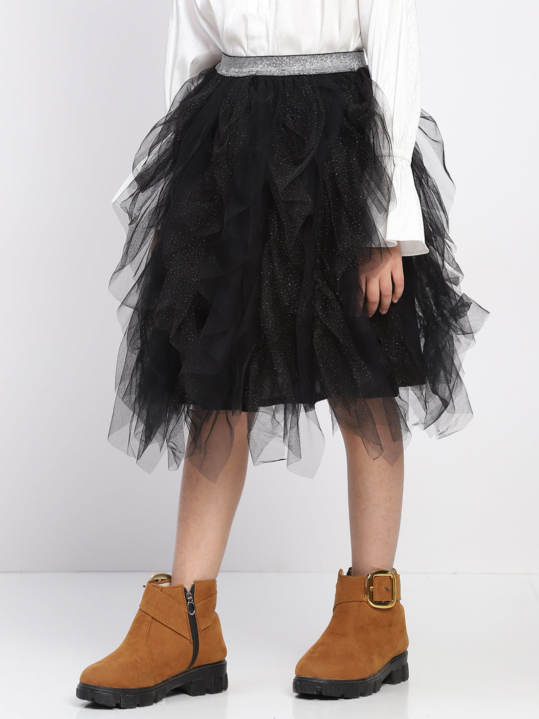 Girl's Black Layred Ruffled Tulle Skirt