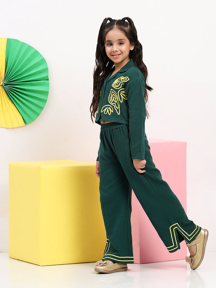 Spunkies Cotton Gauze Knit Embroidery Regular Casual Wear Set Girls Full Sleeve Green Soft Fabric