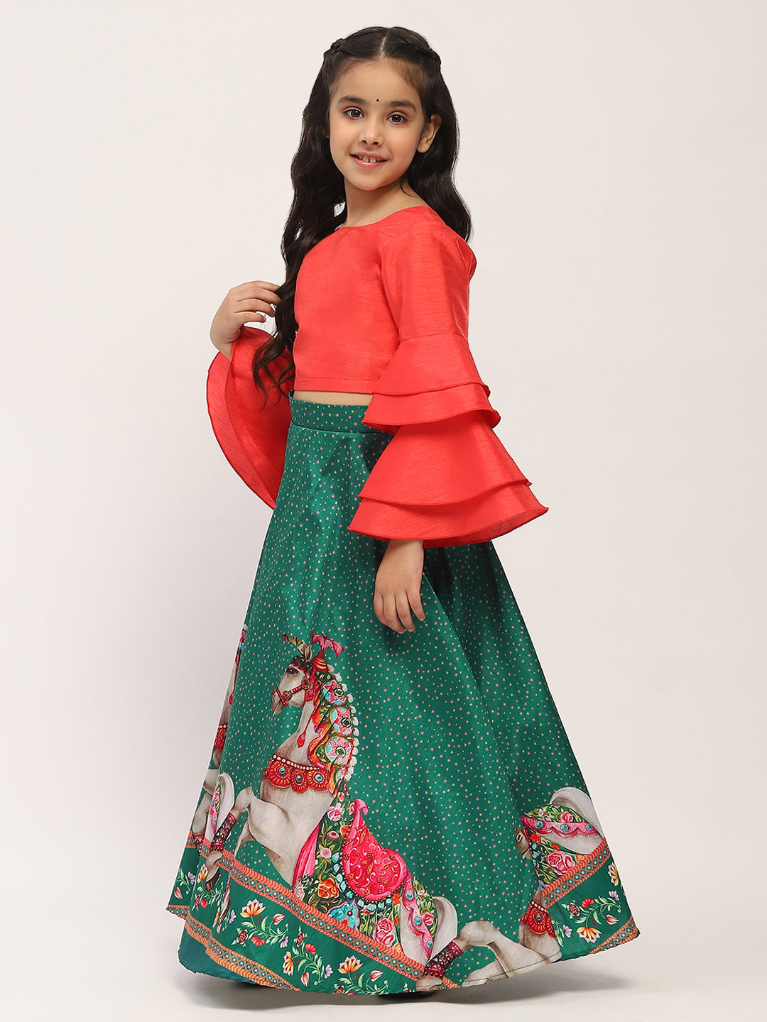 Spunkies Girls Green Printed Lehenga with Orange Bell-Sleeve Top Set