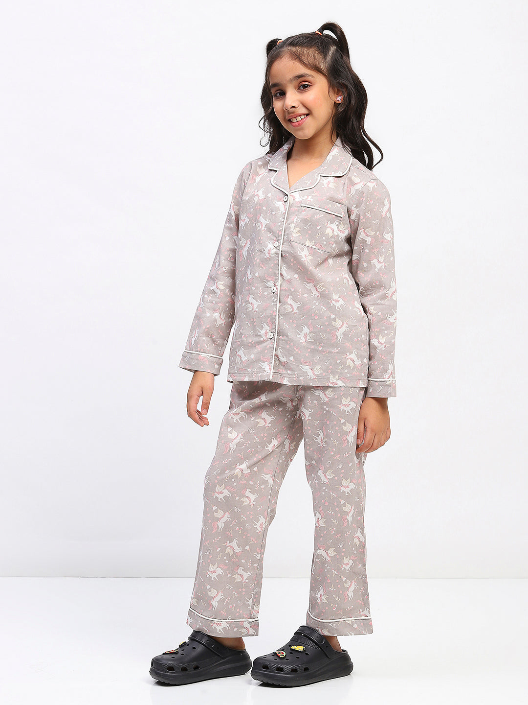 Girls Grey Printed Night Suit Shirt & Pyjama Set