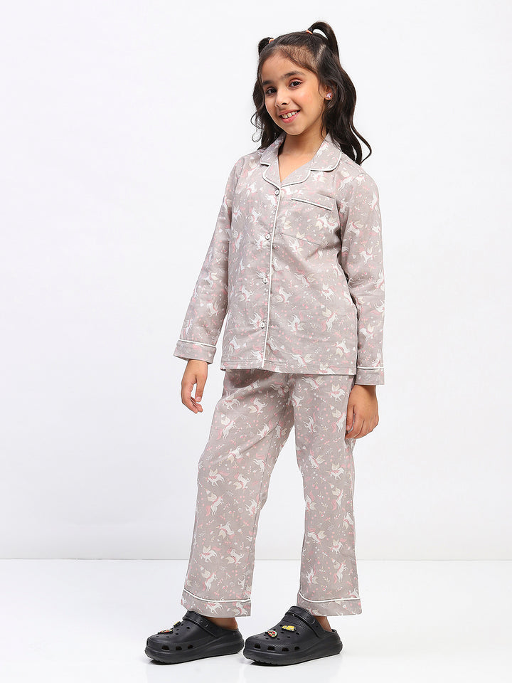 Girls Grey Printed Night Suit Shirt & Pyjama Set