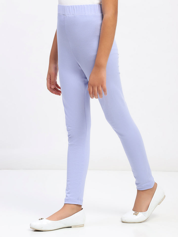Girls Solid Sky Blue Cotton Leggings