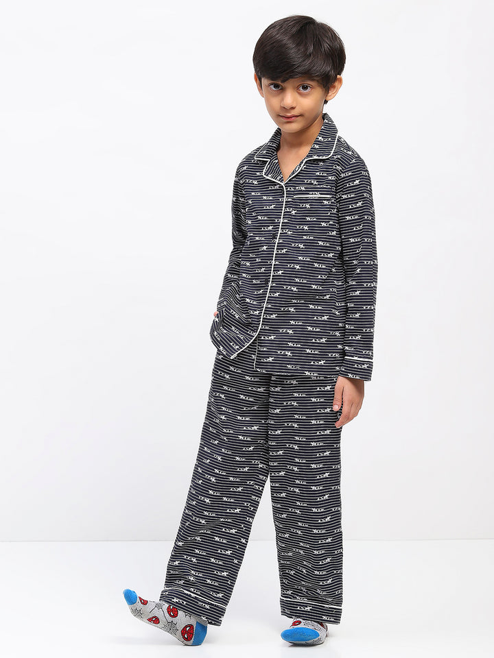 Boys Black Printed Night Suit Shirt & Pyjama Set