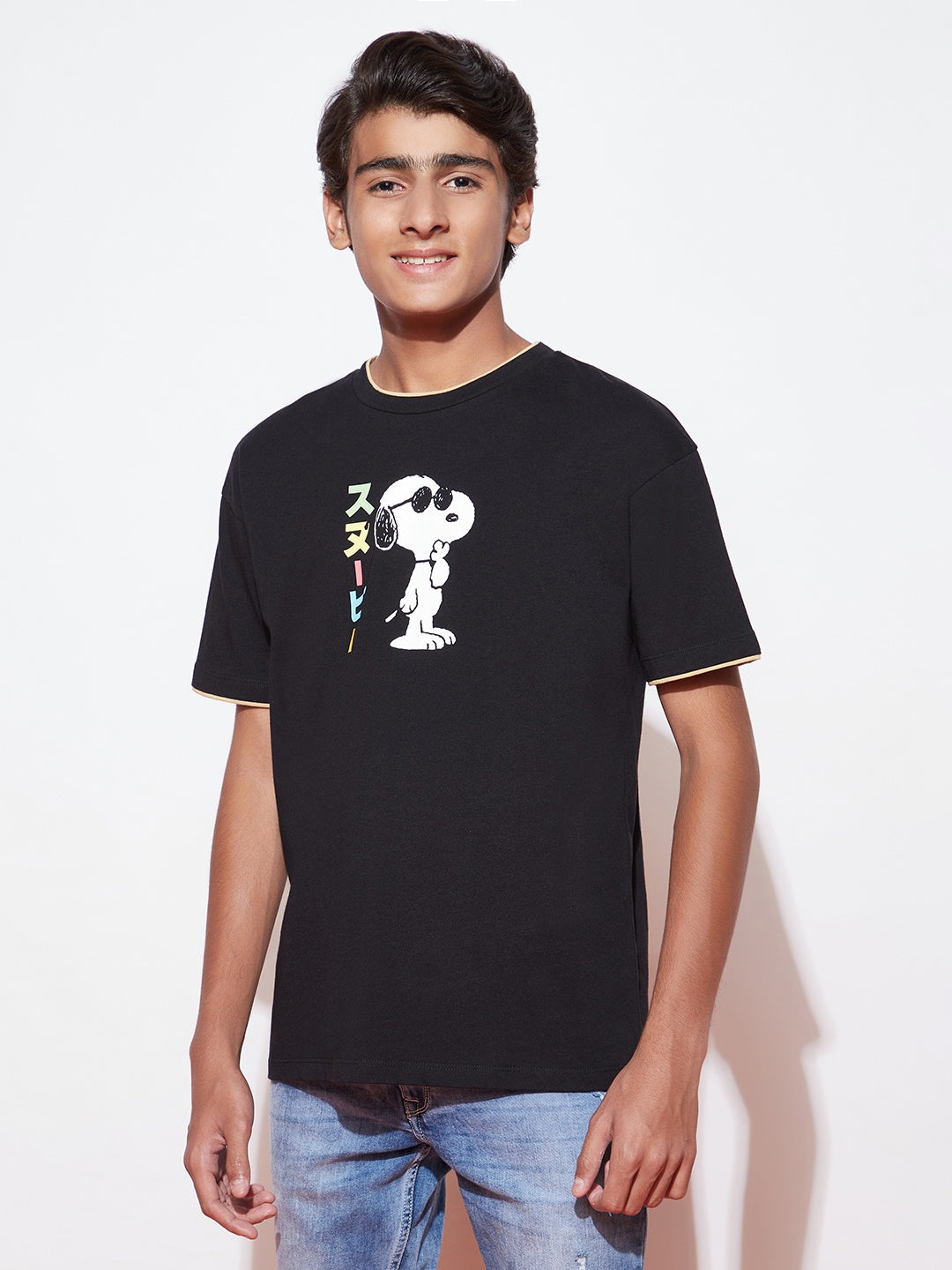 Snoopy Half Sleeve Black Oversized T-Shirt