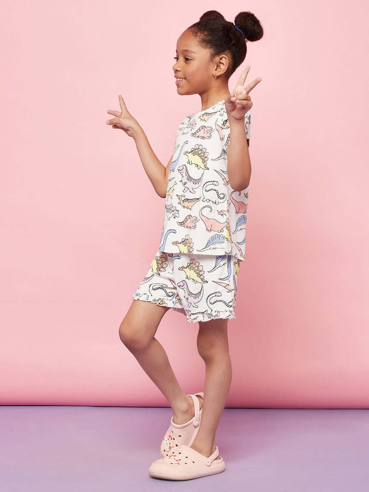 Dino Print Night Suit For Kid Girls