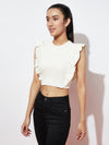 White Ruffle Stretch Ribbed Top