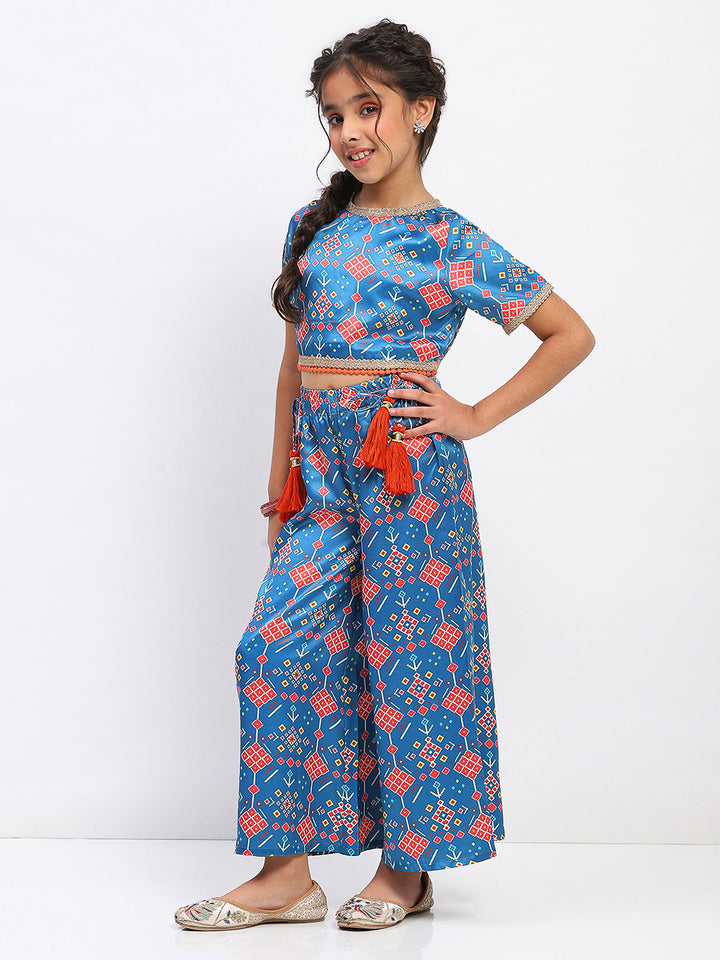 Girls Blue Printed Ethnic Top and Palazzo Set