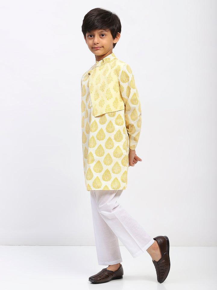 Boys White Poplin Cotton Printed Ethnic Kurta Pajama Set