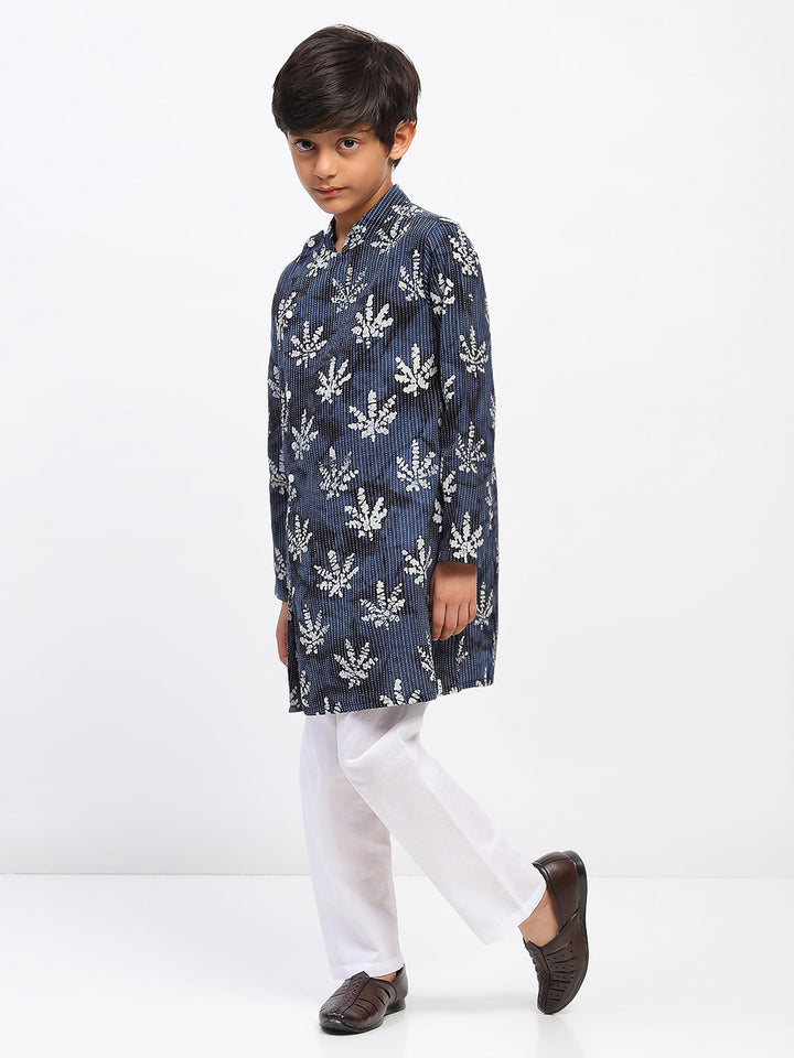 Boys Blue Cotton Printed Ethnic Kurta Pajama Set