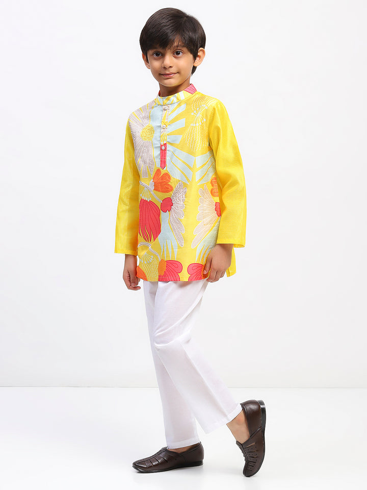 Boys Yellow Cotton Printed Ethnic Kurta Pajama Set