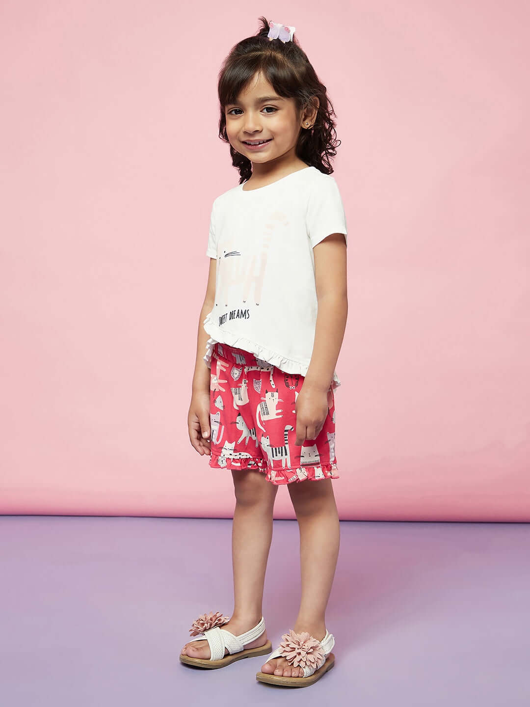 Kid Girl Cat Print Night Suit Girls