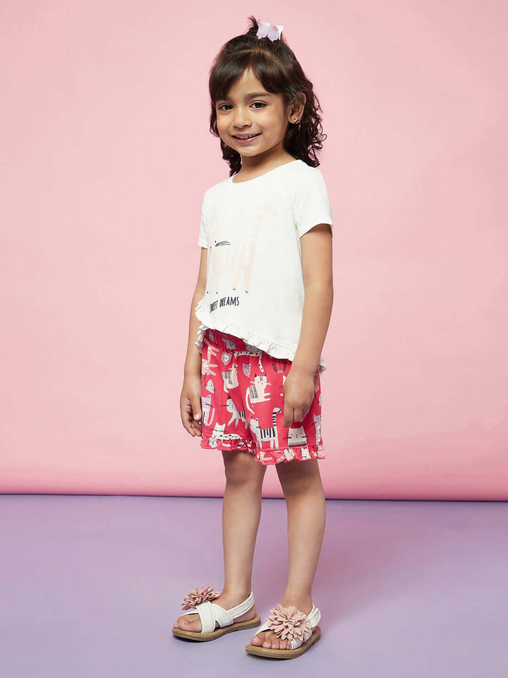 Kid Girl Cat Print Night Suit Girls