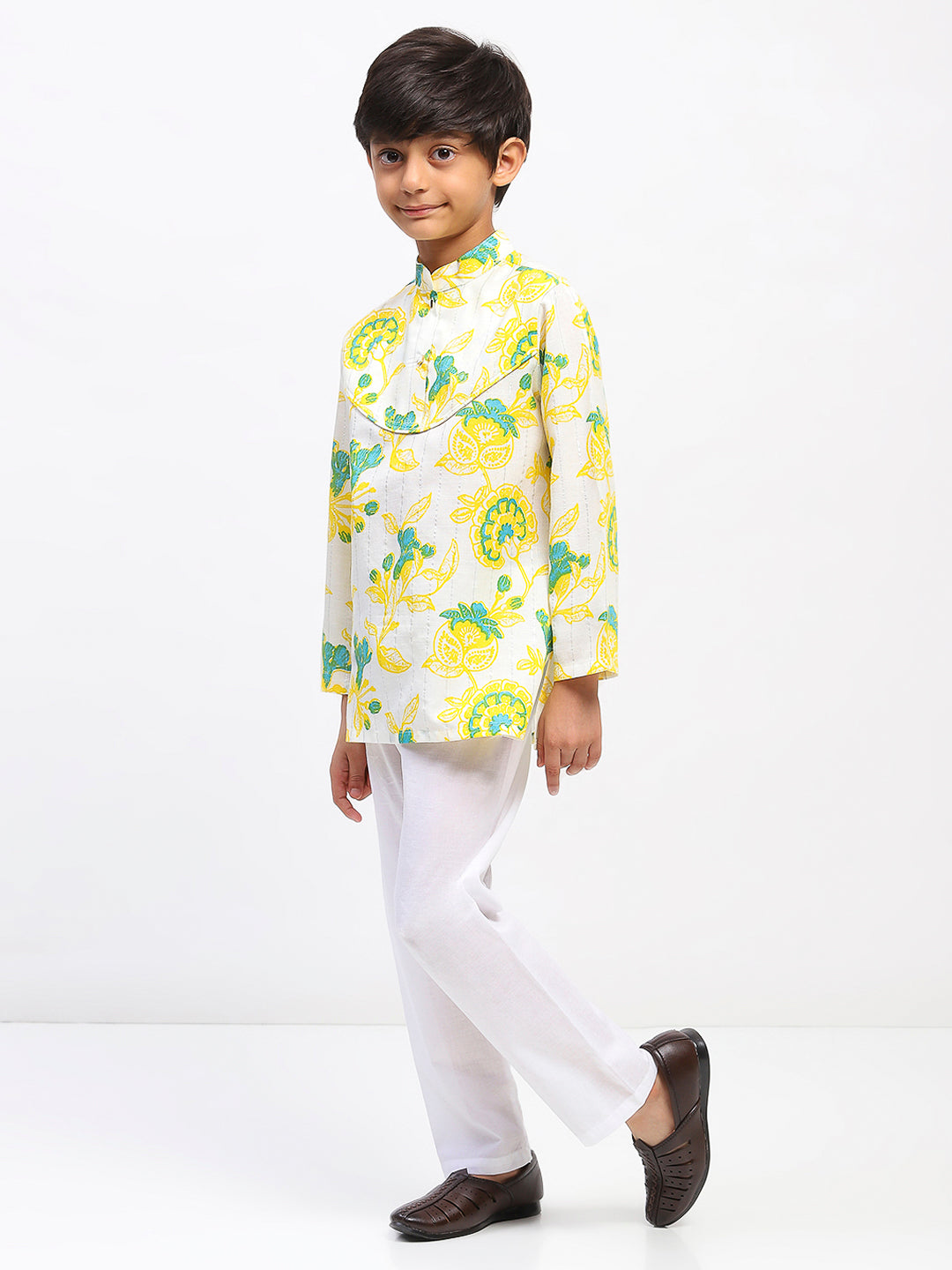 Boys White Cotton Printed Ethnic Kurta Pajama Set