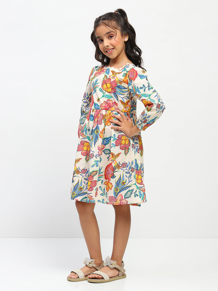 Girls MultiColor Collar Neck Floral Printed Dress