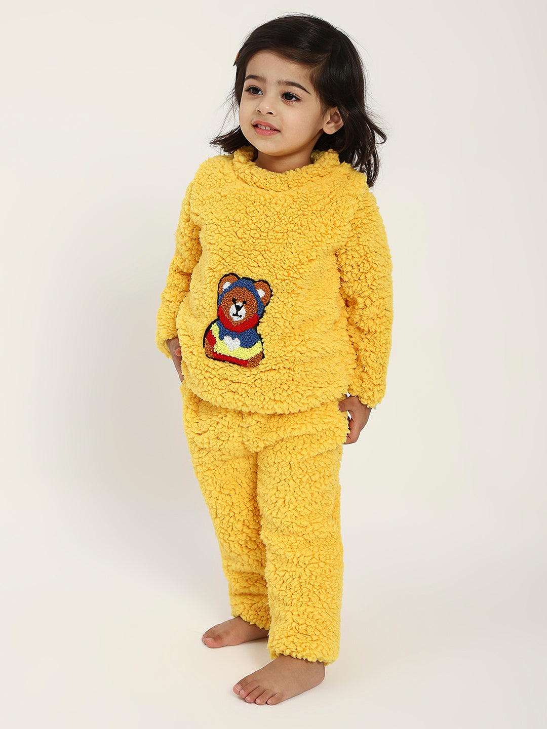 Yellow Teddy Embroidered Winter Fleece Co-ord Set for Kids