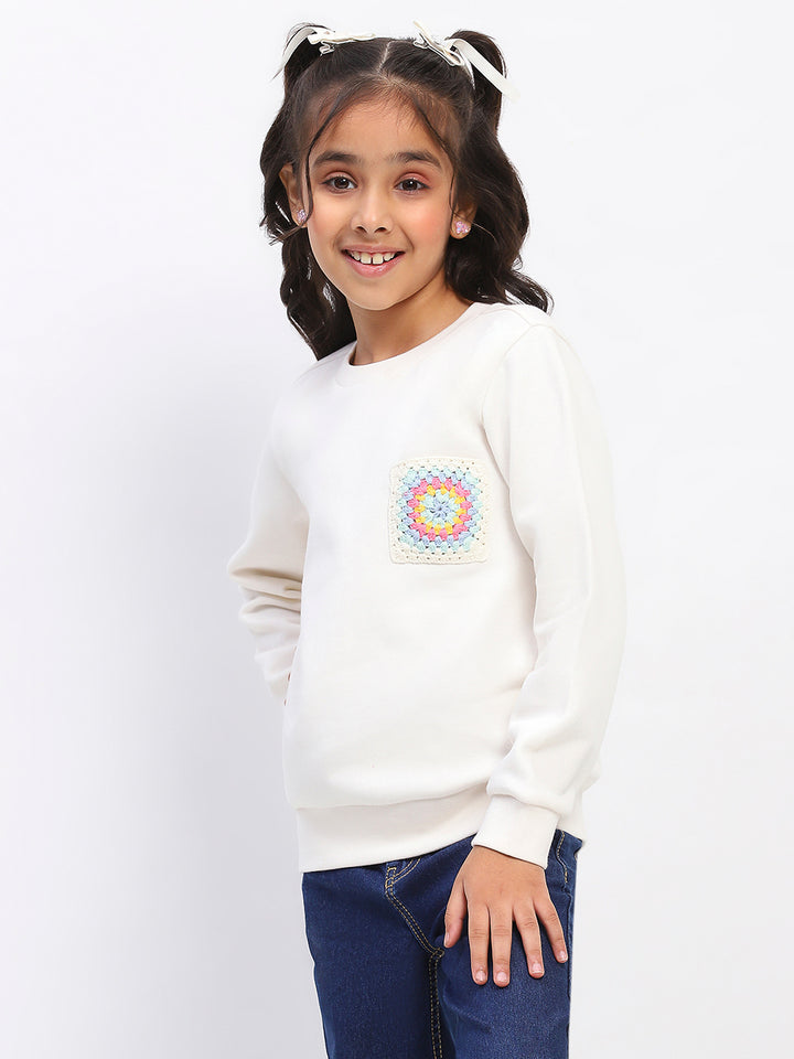 Girls White Embroidered Floral Pocket Sweatshirt